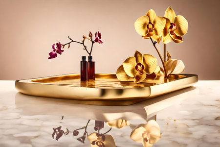 flat wooden cosmetic podium background with golden dried orchid by the wavy ocean hyperrealistic materialsの素材