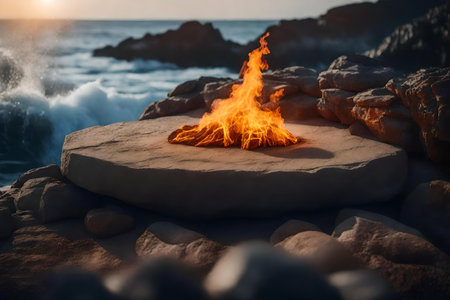 flat gray rock podium scenery with glowing ember by the sea hyperrealistic materialsの素材