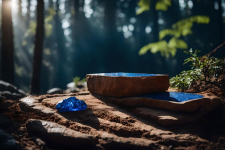 flat brown stone cosmetic podium background with azurite in the forest hyperrealistic materialsの素材