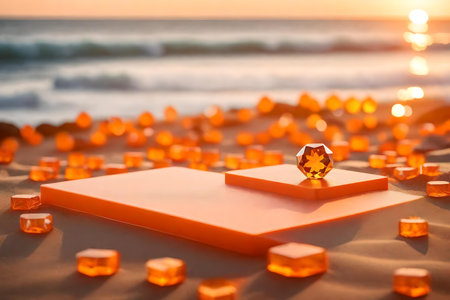 flat orange plastic podium background with crystal by the sea hyperrealistic materialsの素材