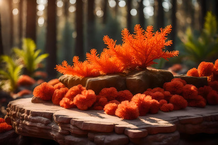 flat red stone podium composition with orange corals in the forest hyperrealistic materialsの素材