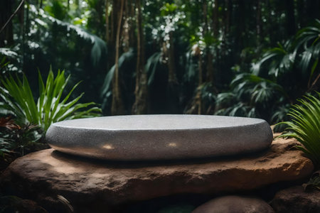flat silver stone cosmetic podium background with rock in the tropical forest hyperrealistic materialsの素材