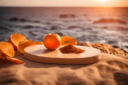 flat orange stone cosmetic podium scenery with dried iris by the sea hyperrealistic materialsの素材