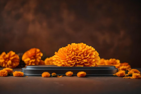 flat titanium plastic podium composition with dried marigold flower in the photo studio hyperrealistic materialsの素材