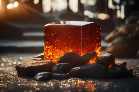 Glass rock podium background with glowing ember in the street hyperrealistic materialsの素材