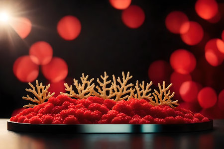 flat red plastic cosmetic podium scenery with golden corals by the sea hyperrealistic materialsの素材