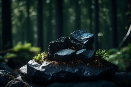 flat titanium rock cosmetic podium background with black tourmaline in the forest hyperrealistic materialsの素材