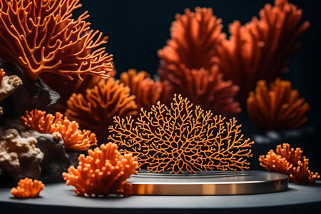 flat titanium plastic podium background with orange corals in the photo studio hyperrealistic materialsの素材
