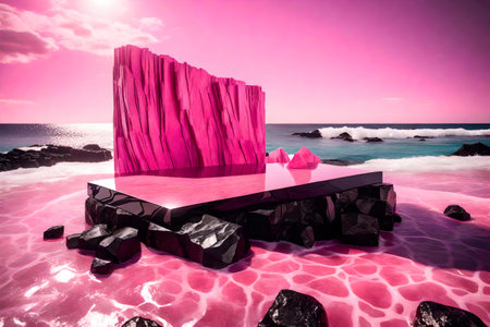 flat pink rock cosmetic podium background with black tourmaline by the wavy ocean hyperrealistic materialsの素材