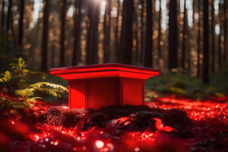 flat red plastic podium composition with glowing ember in the forest hyperrealistic materialsの素材
