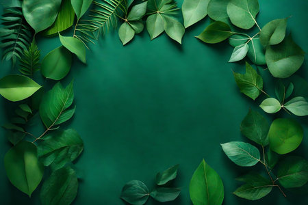 leaves green composition flat lay with free space for copy azurite backgroundの素材