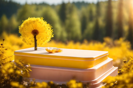 flat yellow plastic cosmetic podium scenery with sakura flower in the forest hyperrealistic materialsの素材