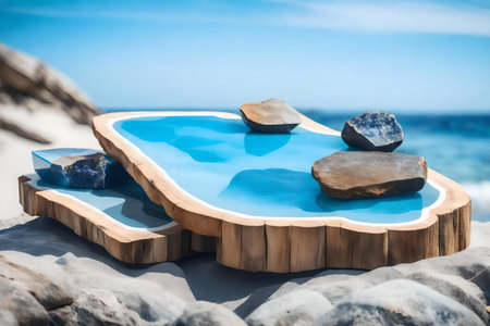 flat wood rock cosmetic podium composition with blue calcite by the sea hyperrealistic materialsの素材