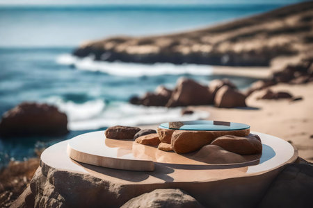 round brown rock cosmetic podium scenery with tinted glass by the sea hyperrealistic materialsの素材