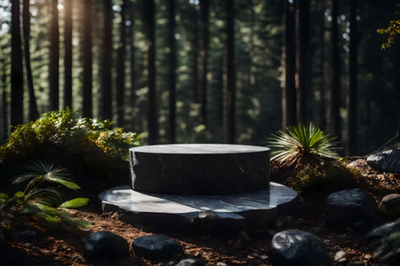 round black rock cosmetic podium background with marble in the forest hyperrealistic materialsの素材