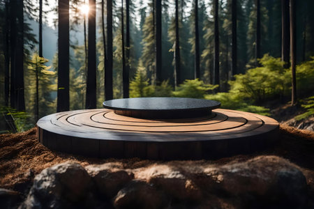 round black wood wooden cosmetic podium scenery with granite in the forest hyperrealistic materialsの素材