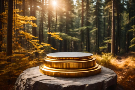round golden wooden podium scenery with granite in the forest hyperrealistic materialsの素材