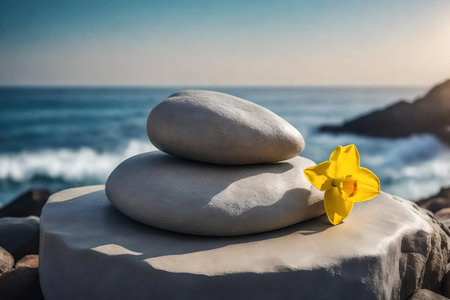 round gray rock cosmetic podium composition with daffodil by the sea hyperrealistic materialsの素材