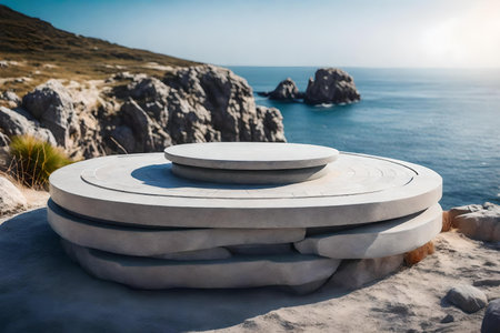 round gray stone podium background with quartzite by the sea hyperrealistic materialsの素材