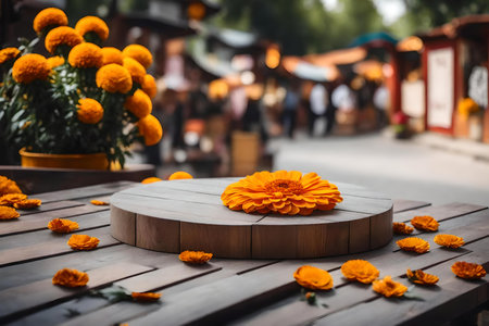 round gray wooden cosmetic podium composition with marigold flower in the street hyperrealistic materialsの素材