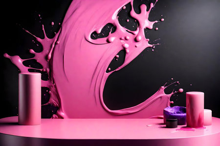 round pink plastic podium background black wall with pink and purple paint splashの素材