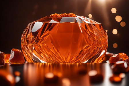 round orange rock cosmetic podium composition with crystal ice in the photo studio hyperrealistic materialsの素材