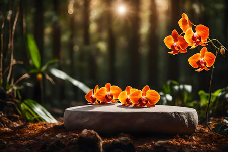 round orange rock cosmetic podium composition with orchid in the forest hyperrealistic materialsの素材