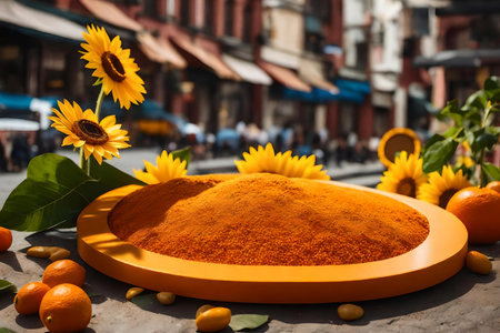 round orange rock cosmetic podium composition with sunflower in the street hyperrealistic materialsの素材