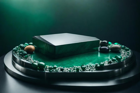 round silver stone cosmetic podium scenery with malachite in the photo studio hyperrealistic materialsの素材