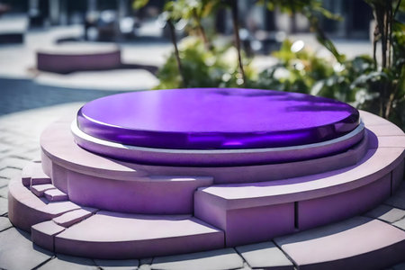 round purple stone cosmetic podium scenery with concrete in the street hyperrealistic materialsの素材