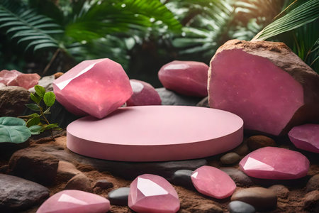 round pink rock cosmetic podium scenery with rose quarts in the tropical forest hyperrealistic materialsの素材