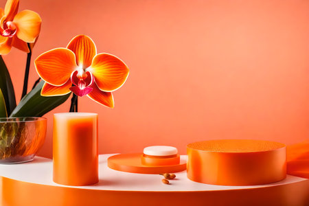 round orange plastic cosmetic podium composition with orchid in the photo studio hyperrealistic materialsの素材