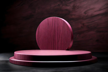 round pink podium close shot black wood background studio with carob high qualityの素材