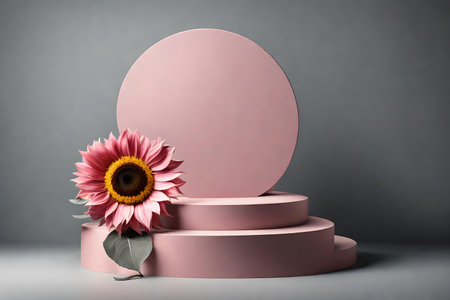 round pink podium close shot gray background studio with sunflower high qualityの素材
