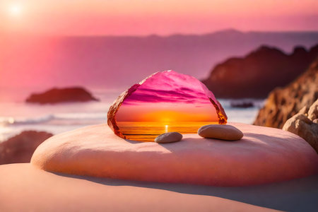 round pink rock cosmetic podium composition with amber by the sea hyperrealistic materialsの素材
