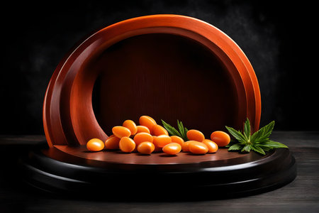 round orange podium close shot black wood background studio with lupin bean high qualityの素材