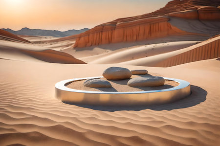 round silver rock cosmetic podium scenery with desert in the street hyperrealistic materialsの素材