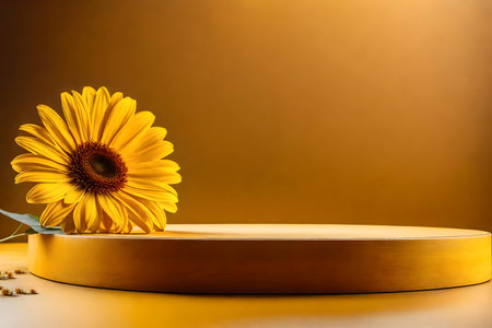 round yellow wooden podium composition with dried daisy in the photo studio hyperrealistic materialsの素材