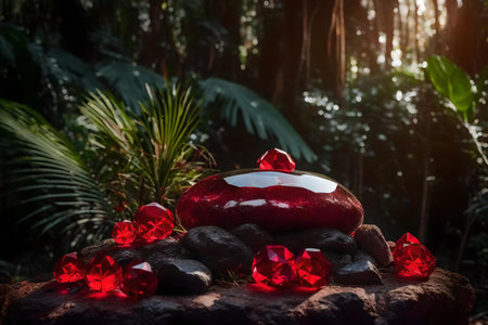 round tinted glass rock podium background with red crystal in the tropical forest hyperrealistic materialsの素材