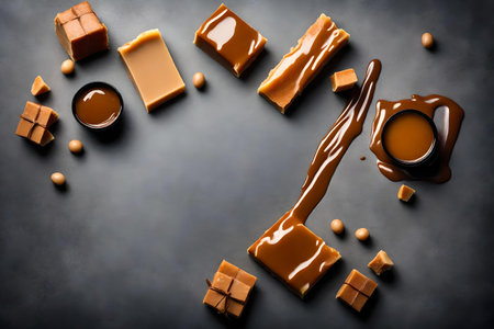 caramel composition flat lay with free space for copy gray paper backgroundの素材