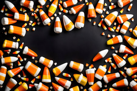 candy corn composition flat lay with free space for copy obsidian backgroundの素材