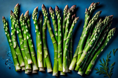 asparagus composition flat lay with free space for copy blue crystal backgroundの素材