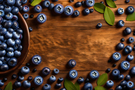 blueberries composition flat lay with free space for copy yellow wood backgroundの素材