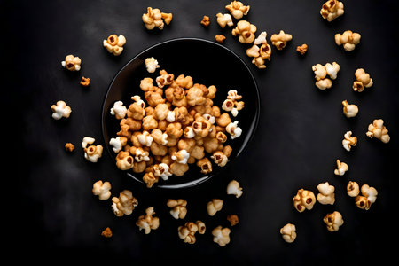 caramel popcorn composition flat lay with free space for copy black ceramic backgroundの素材