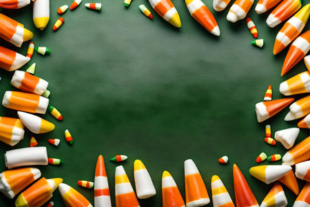 candy corn composition flat lay with free space for copy green paper backgroundの素材
