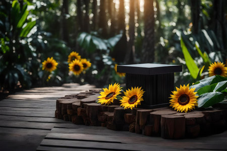 cubic black wood plastic podium scenery with sunflower in the tropical forest hyperrealistic materialsの素材