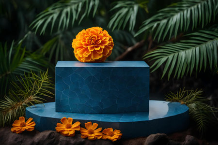 cubic blue stone cosmetic podium composition with dried marigold flower in the tropical forest hyperrealistic materialsの素材