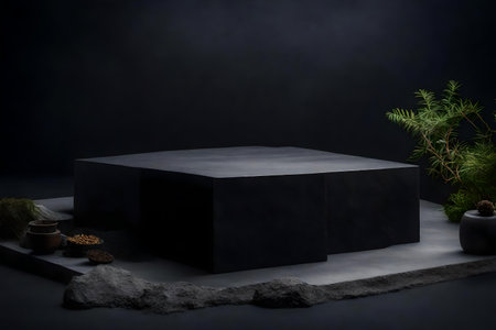 cubic black stone podium scenery with concrete in the photo studio hyperrealistic materialsの素材