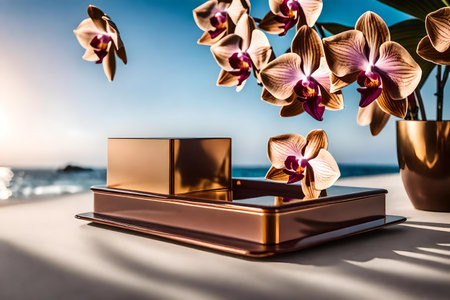 cubic brown plastic cosmetic podium composition with orchid by the sea hyperrealistic materialsの素材