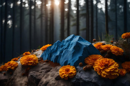 cubic blue rock podium composition with dried marigold flower in the forest hyperrealistic materialsの素材